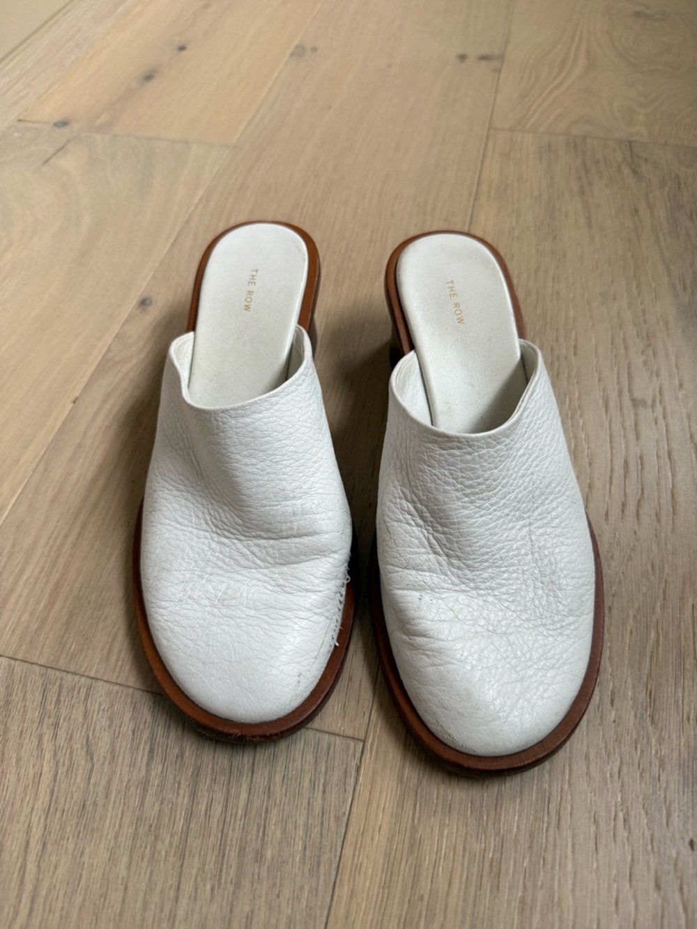 The Row White Pebbled Leather Slip-On Mules with Brown Sole